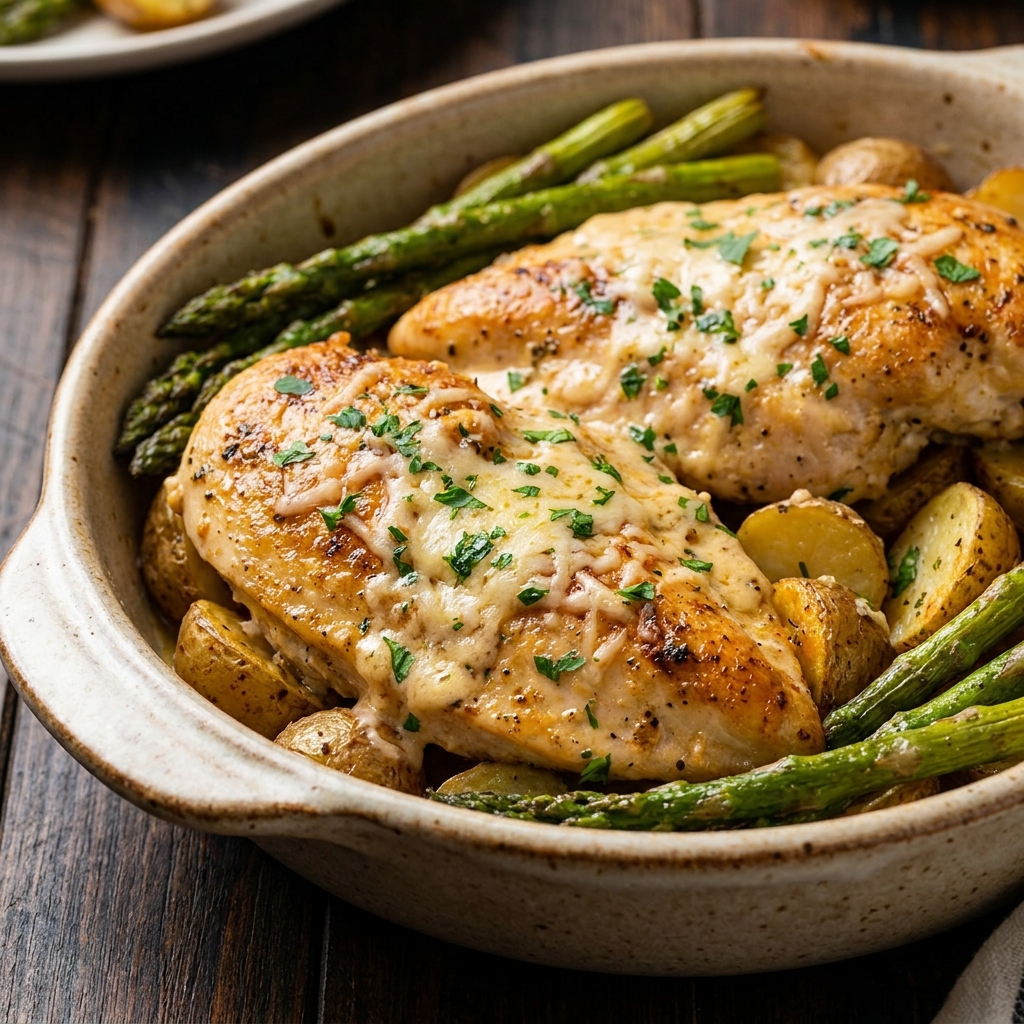Creamy white wine chicken served with crusty bread and fresh herbs