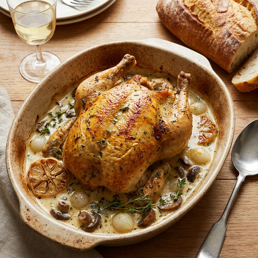 Herb roasted chicken in creamy white wine sauce with garlic, herbs, and mushrooms