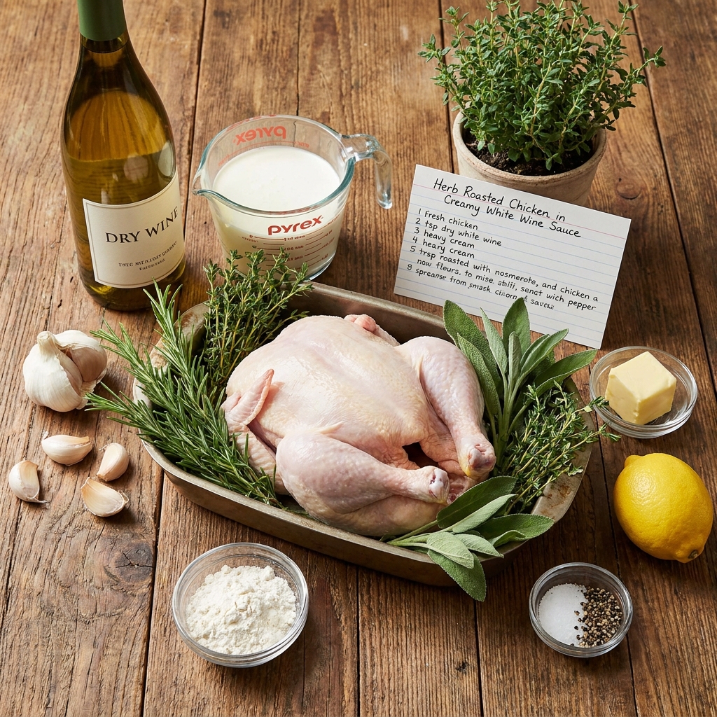 Ingredients for herb roasted chicken including whole chicken, white wine, garlic, herbs, lemon, and butter