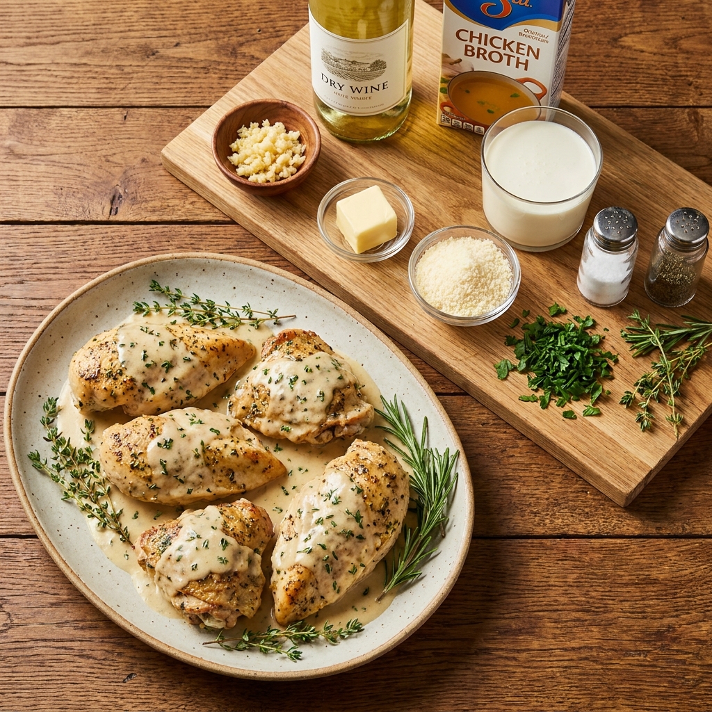 Herb roasted chicken cooking in creamy white wine sauce