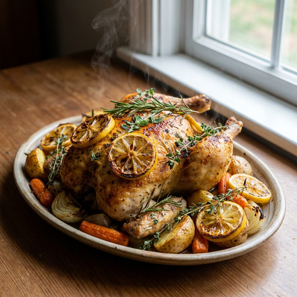 Tender roasted chicken in a rich white wine cream sauce