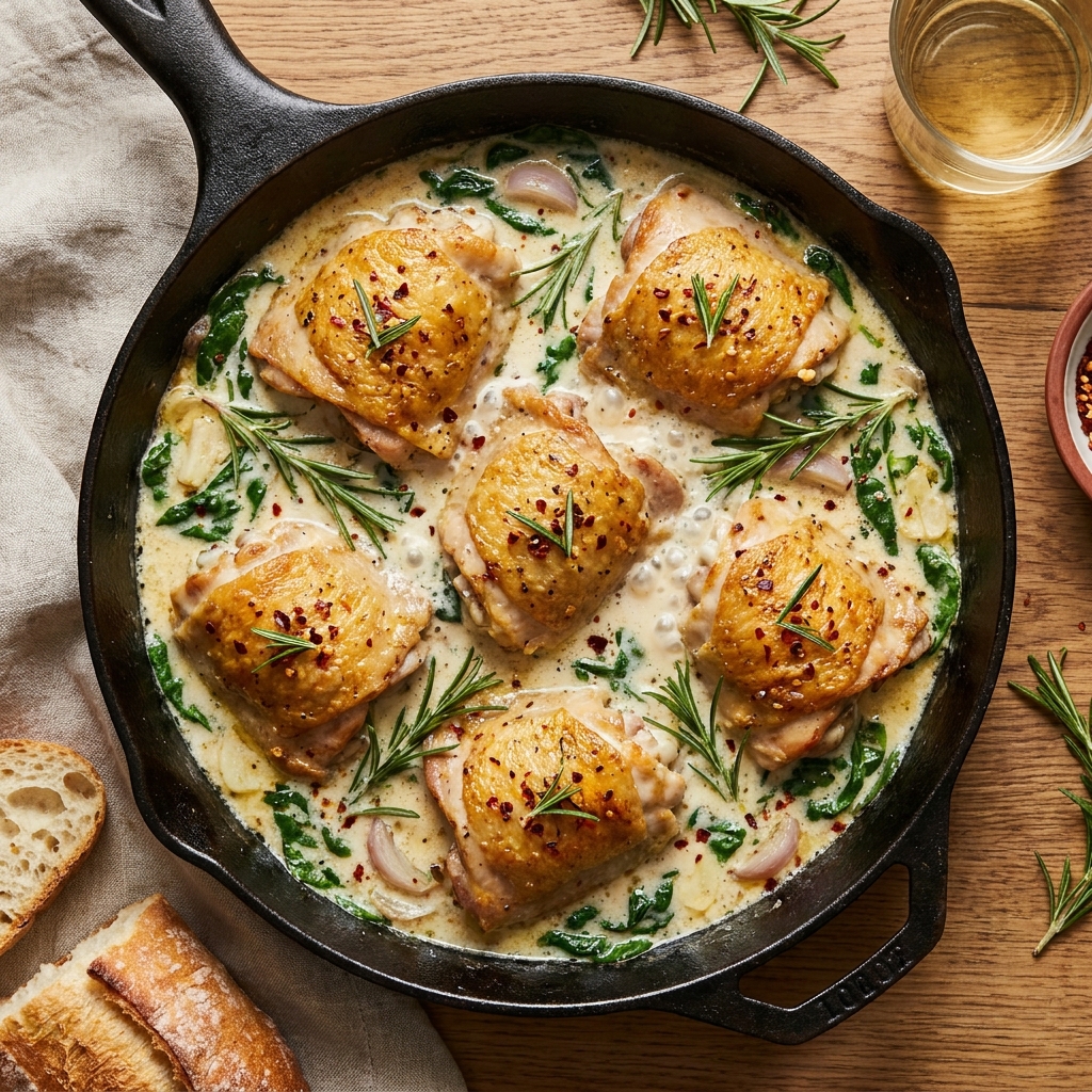 Golden roasted chicken served with creamy white wine sauce and fresh herbs