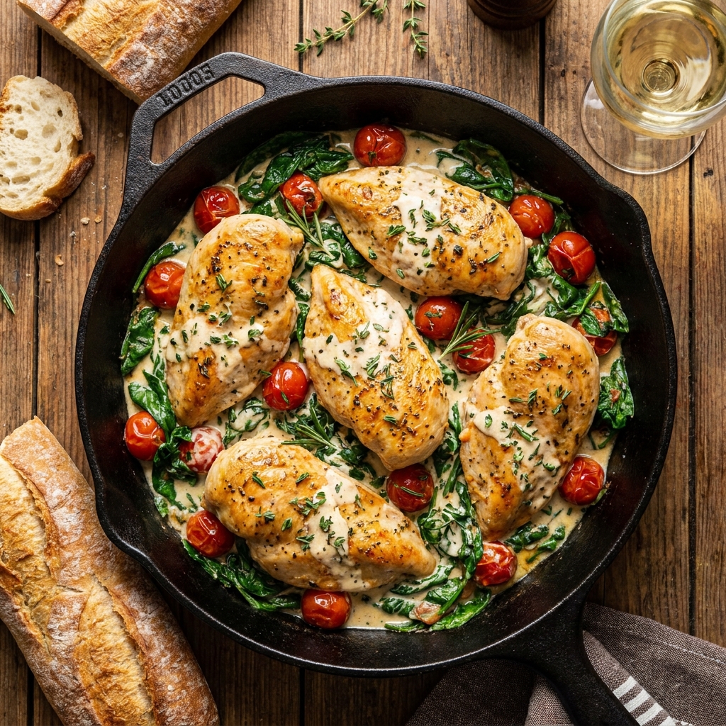 Sliced herb roasted chicken with creamy white wine sauce