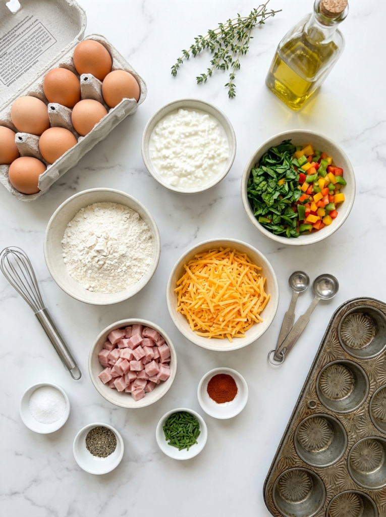 Ingredients for high protein breakfast muffins including eggs, cottage cheese, and spinach
