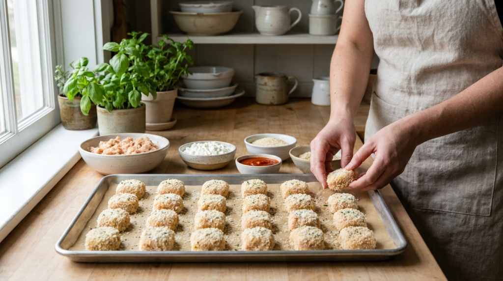 Crispy cottage cheese chicken parm nugget bites cooking