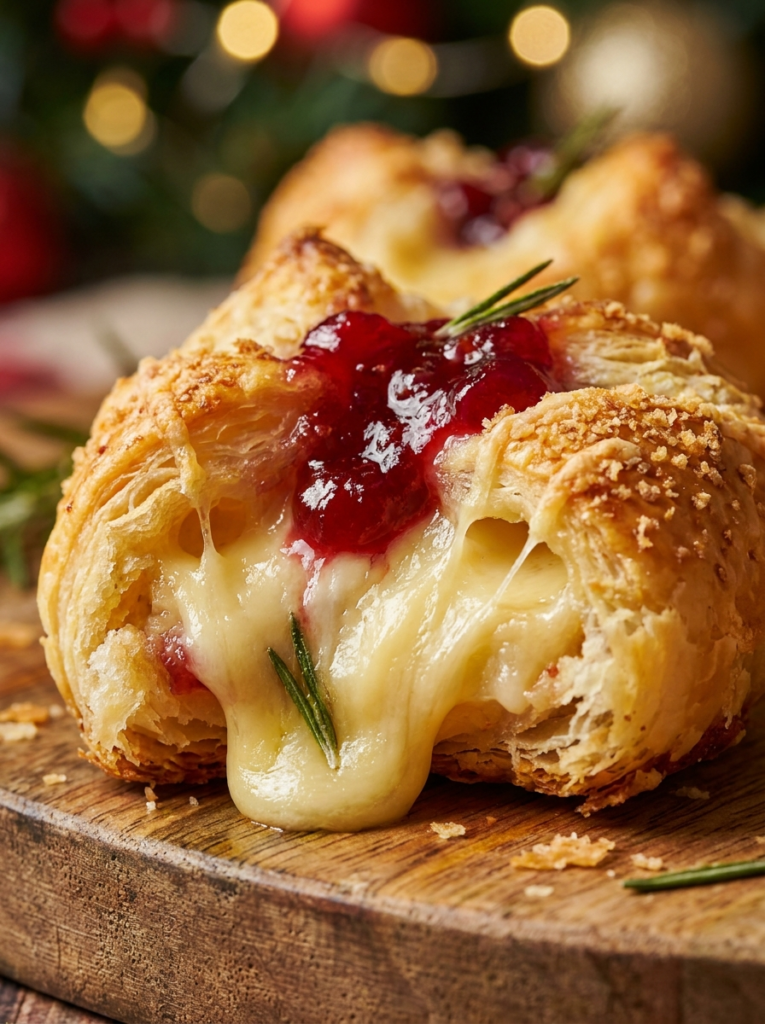 Adding brie cheese and cranberry sauce to pastry cups for festive cranberry brie bites