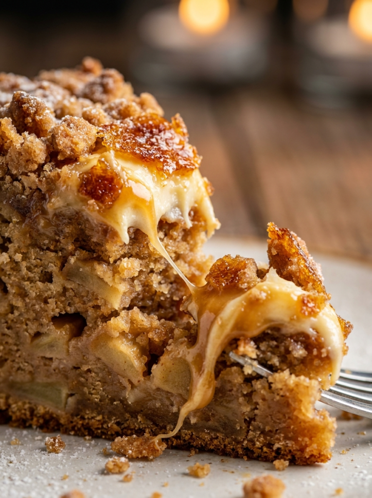 Moist caramel apple cake topped with homemade caramel sauce
