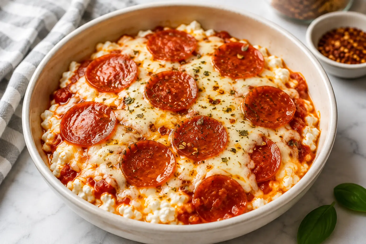Cottage cheese pizza bowl with mozzarella and pepperoni