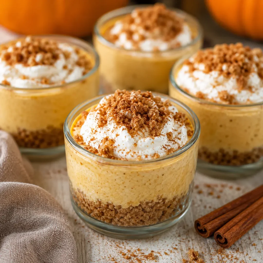 Cottage cheese pumpkin cheesecake cups topped with whipped cream and cinnamon