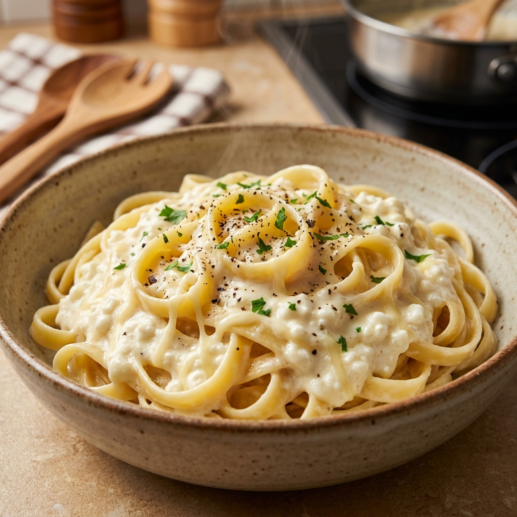 Creamy cottage cheese Alfredo sauce for pasta