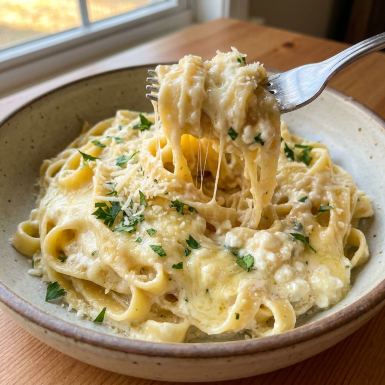 Creamy cottage cheese Alfredo pasta with Parmesan