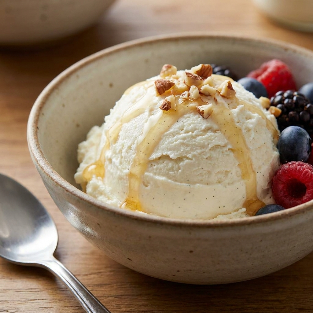 Cottage cheese protein ice cream topped with berries and nuts