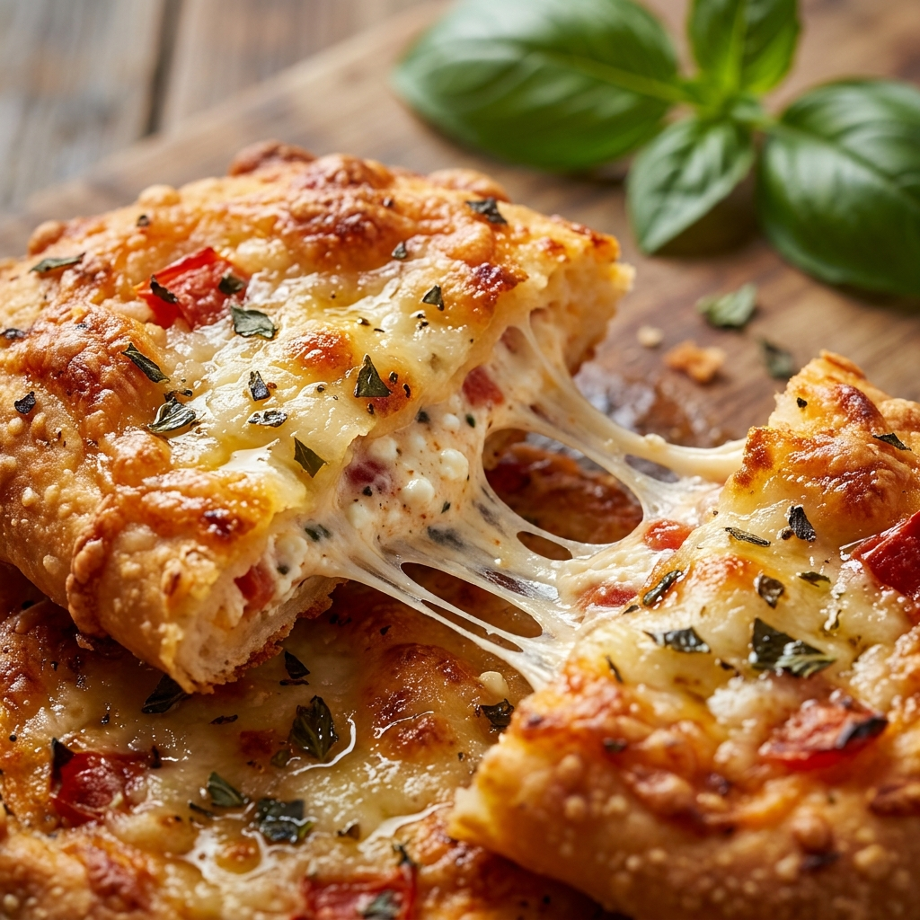 Crispy cottage cheese pizza crisps with tomato, melted cheese, and fresh basil