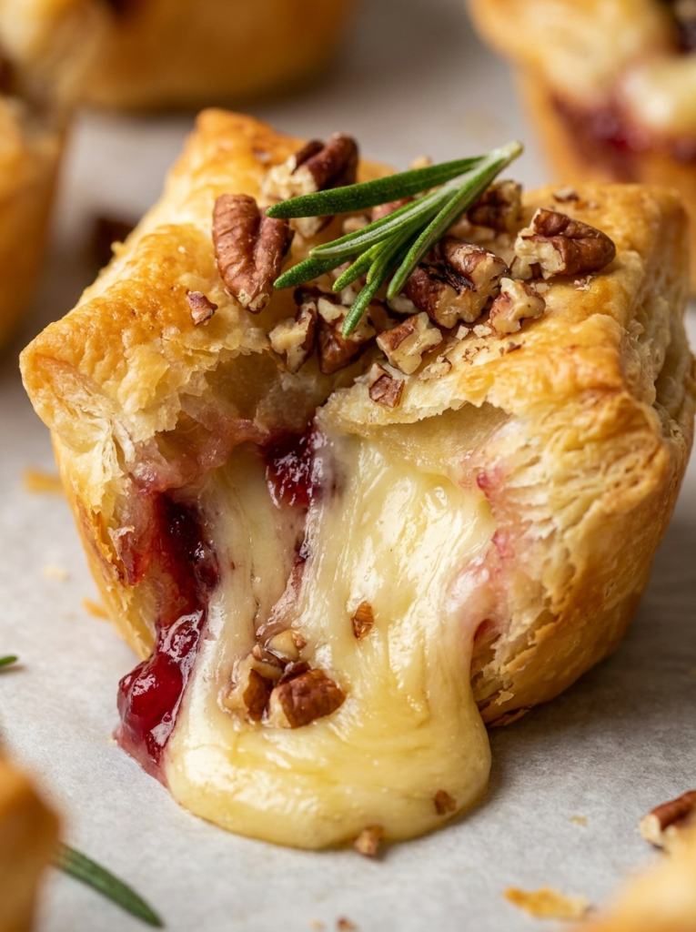 Close up of a gooey festive cranberry brie bite with melted cheese and pecans

