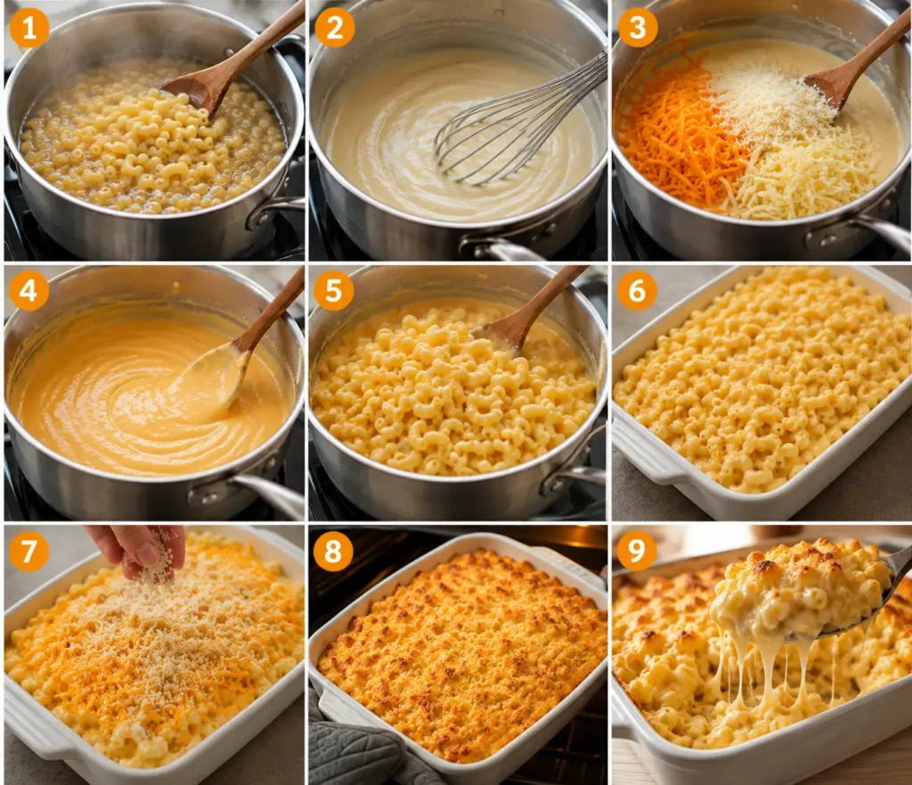 Creamy macaroni and cheese prepared for baking