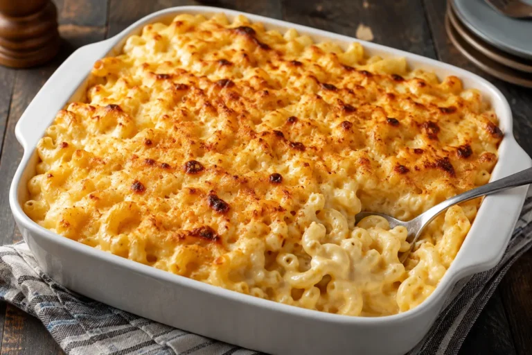 Creamy baked macaroni and cheese with golden cheese crust