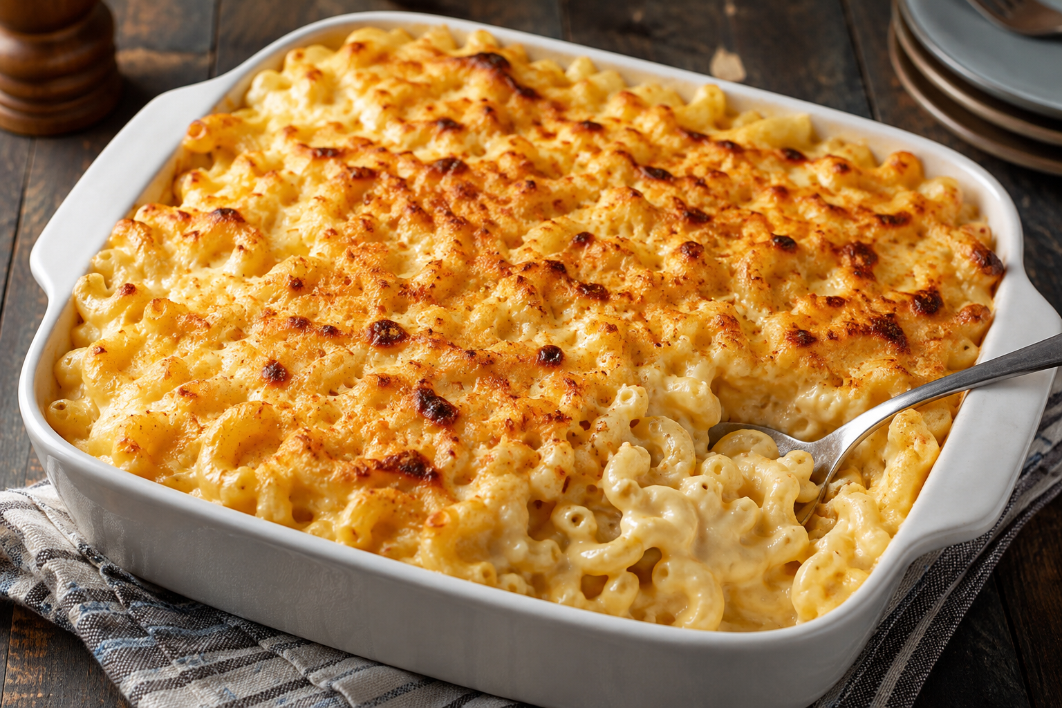 Creamy baked macaroni and cheese with golden cheese topping