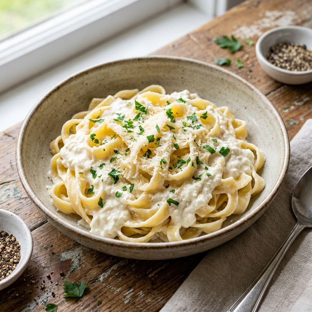 Cottage cheese Alfredo pasta in a creamy sauce
