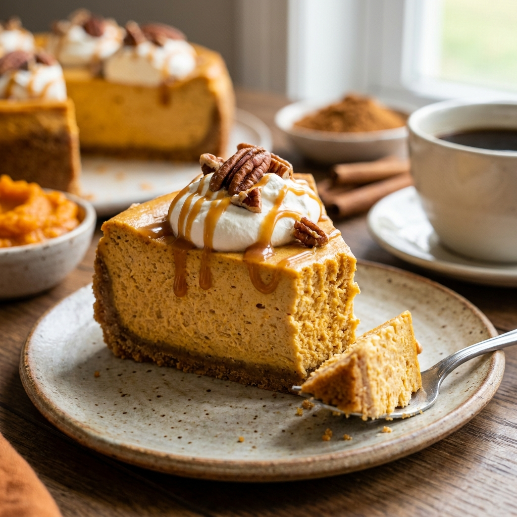 Creamy pumpkin cheesecake filling blended with cottage cheese and warm spices