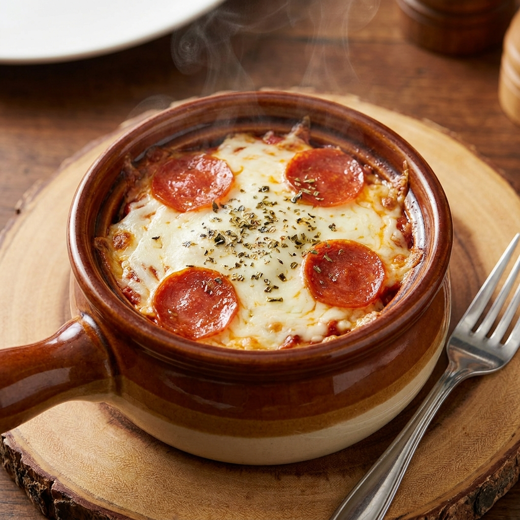 Baked cottage cheese pizza bowl with melted cheese and pepperoni