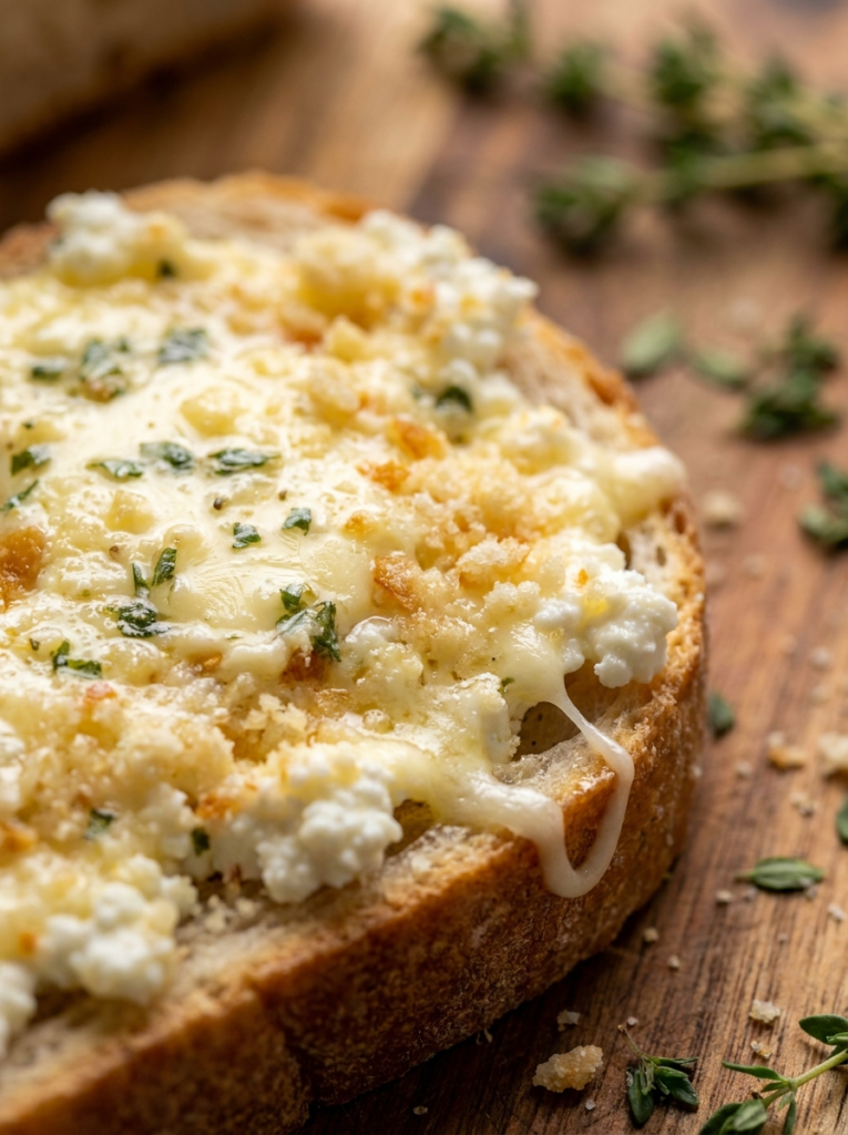 Golden baked cottage cheese garlic bread sliced on a cutting board