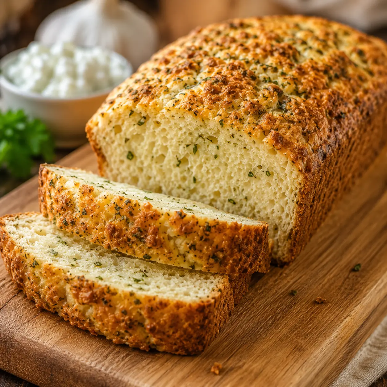Homemade cottage cheese garlic herb loaf fresh from the ove
