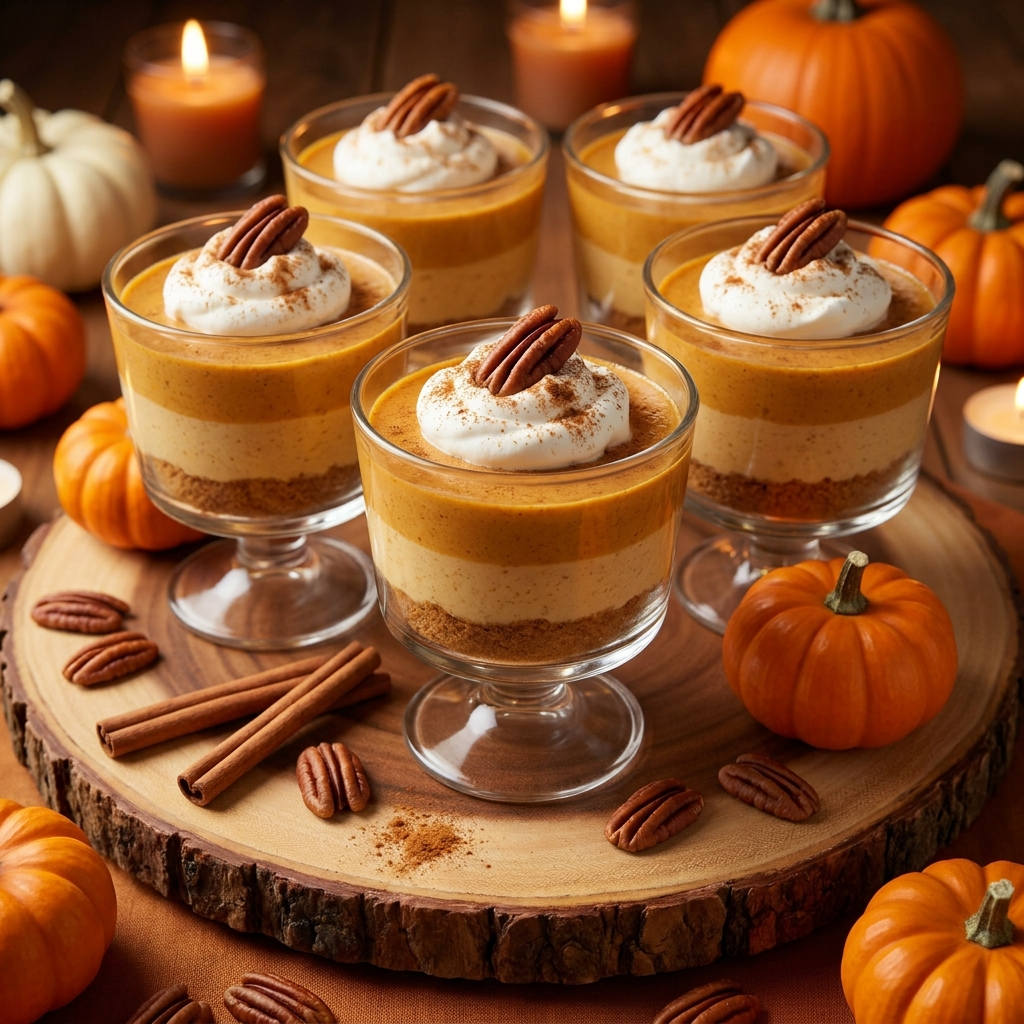 Pumpkin cheesecake filling layered over graham cracker crust in small glass cups