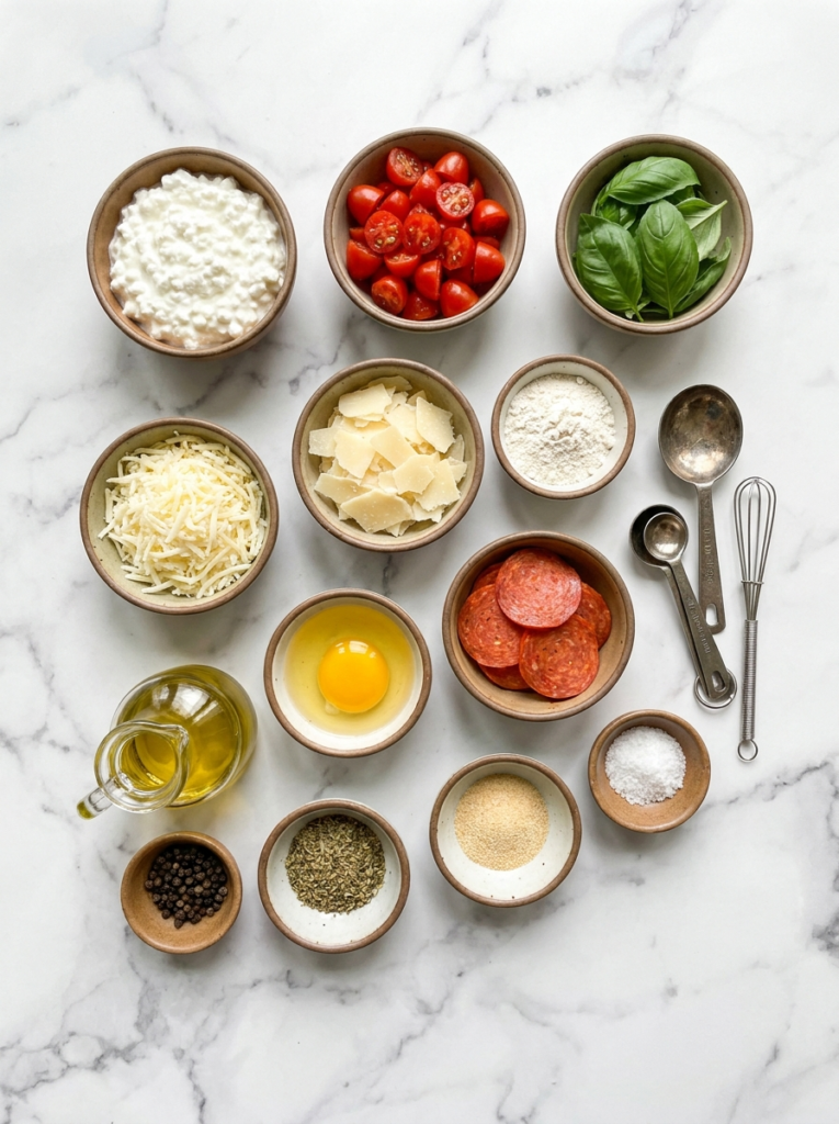 Cottage cheese pizza crisps with golden edges, melted cheese, tomato, and basil
