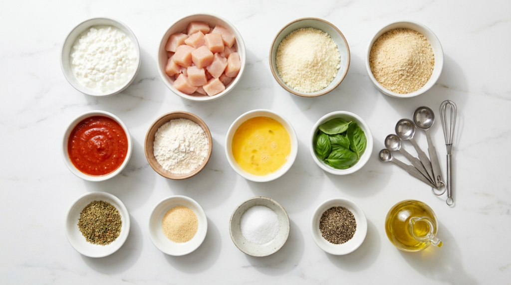 Ingredients for cottage cheese chicken parm nugget bites