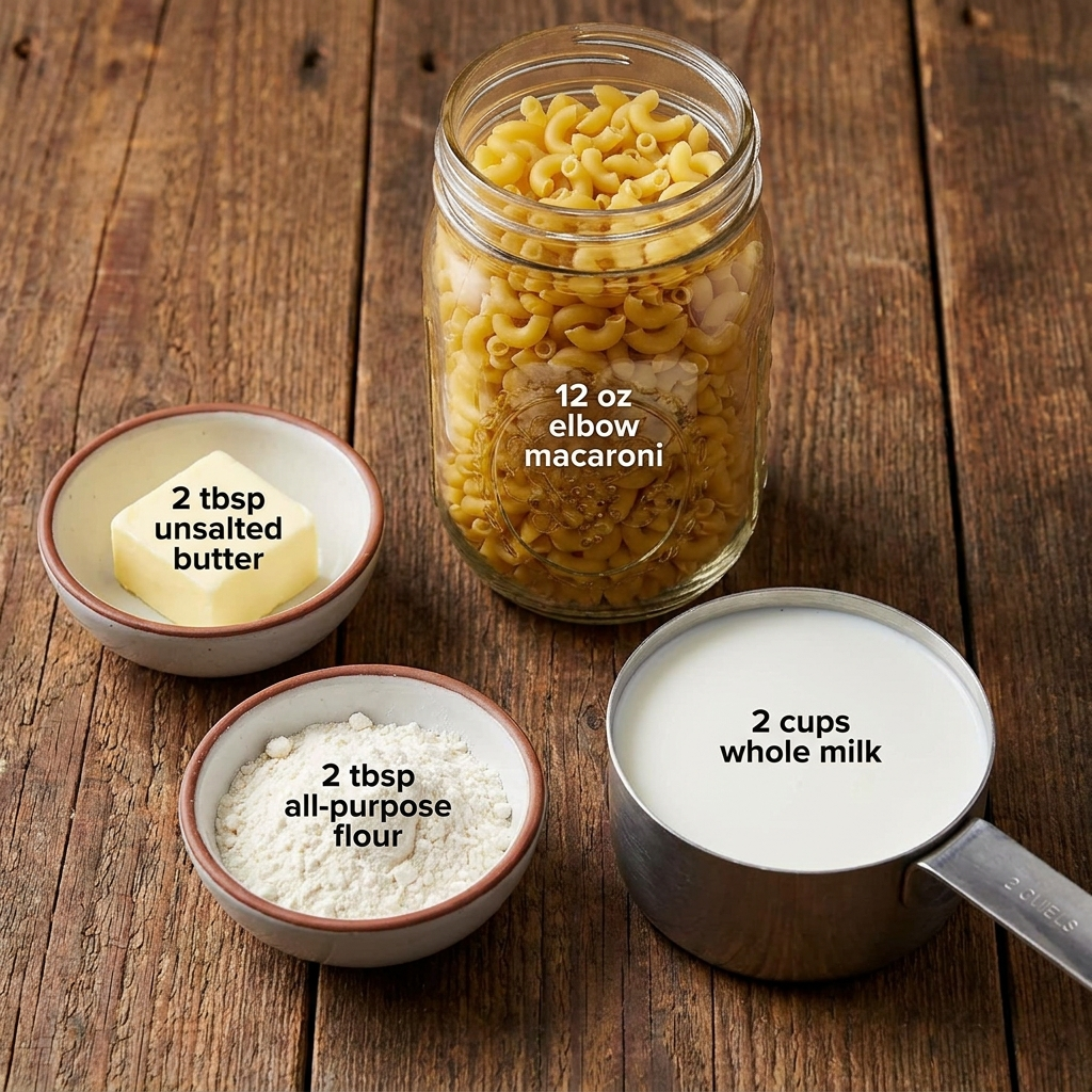 Ingredients for creamy baked macaroni and cheese
