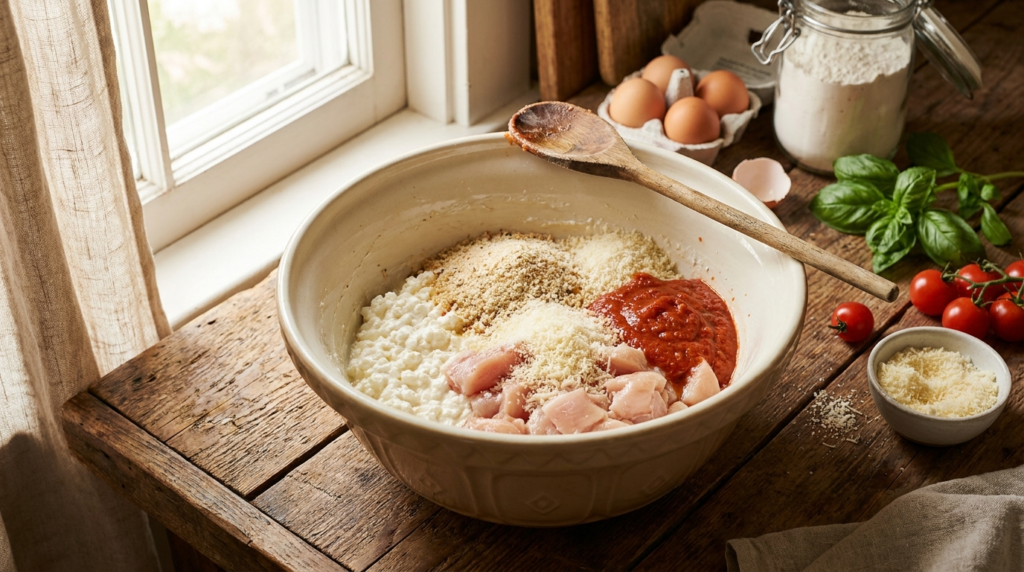 Cottage cheese chicken mixture for parmesan nugget bites