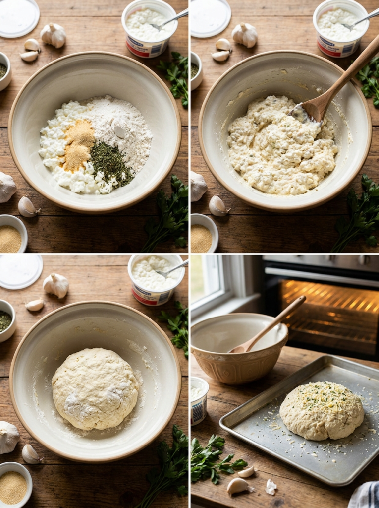 High protein cottage cheese garlic bread dough in a mixing bowl