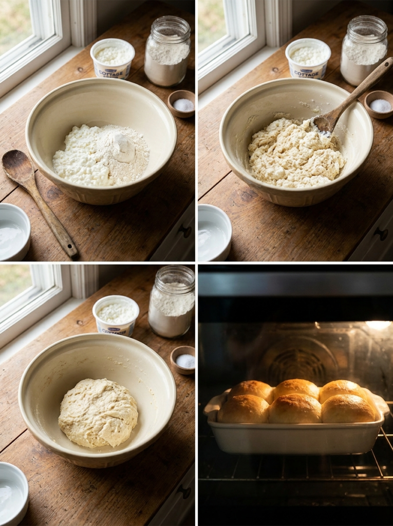Blending cottage cheese in a food processor to make easy cottage cheese rolls