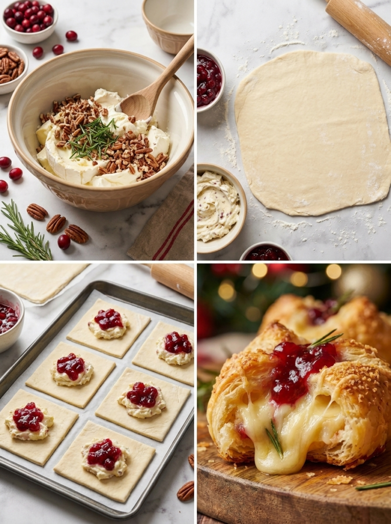 Cutting puff pastry into small squares for festive cranberry brie bites

