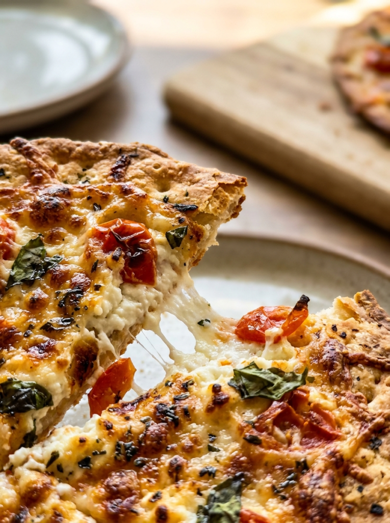 Close-up of cheesy cottage cheese pizza crisps topped with tomato and fresh basil