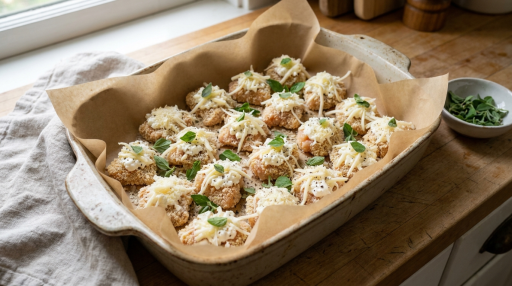 Golden crispy cottage cheese chicken parmesan nugget bites