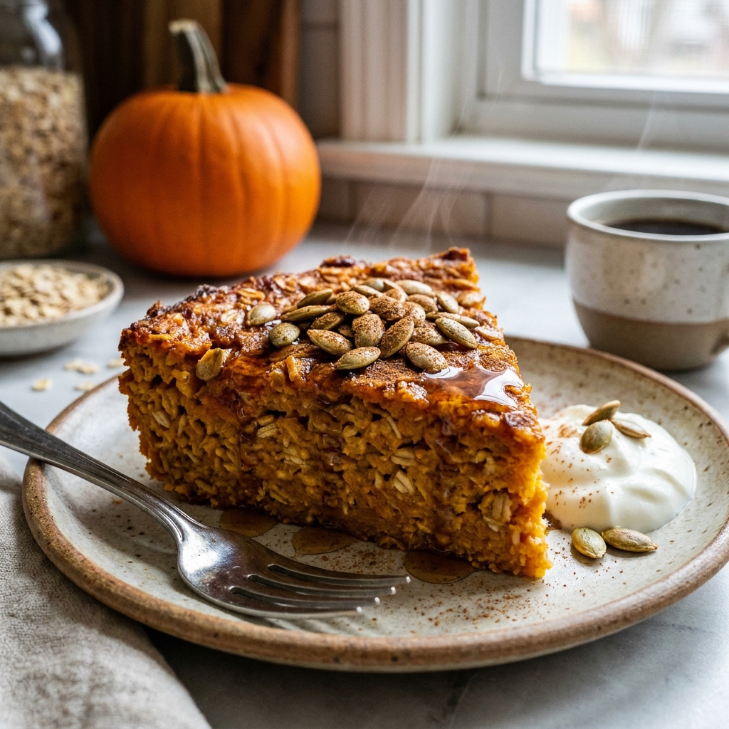 Slice of pumpkin baked oatmeal topped with pumpkin seeds