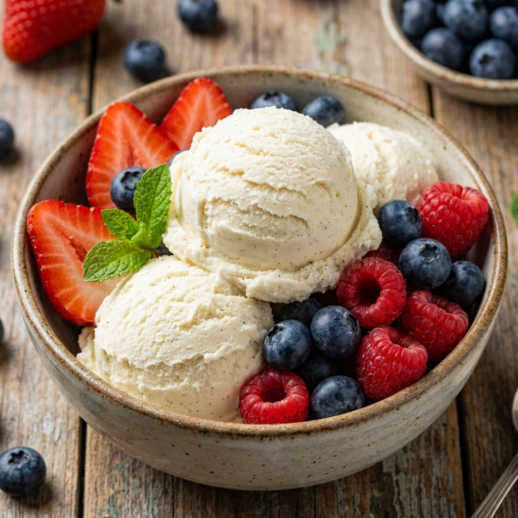 Smooth cottage cheese protein ice cream scooped into dessert bowls