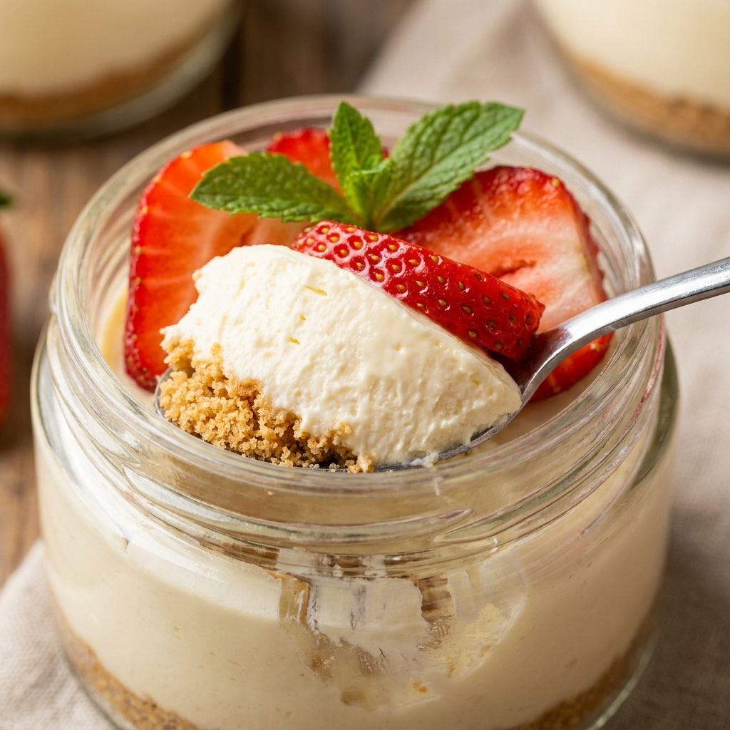 Homemade no-bake cheesecake cups with fresh strawberries