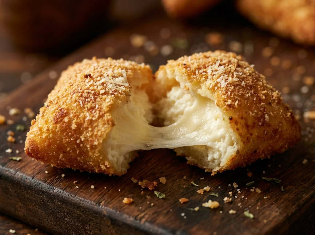 Golden, crispy cottage cheese parmesan pillow bites on a dark board