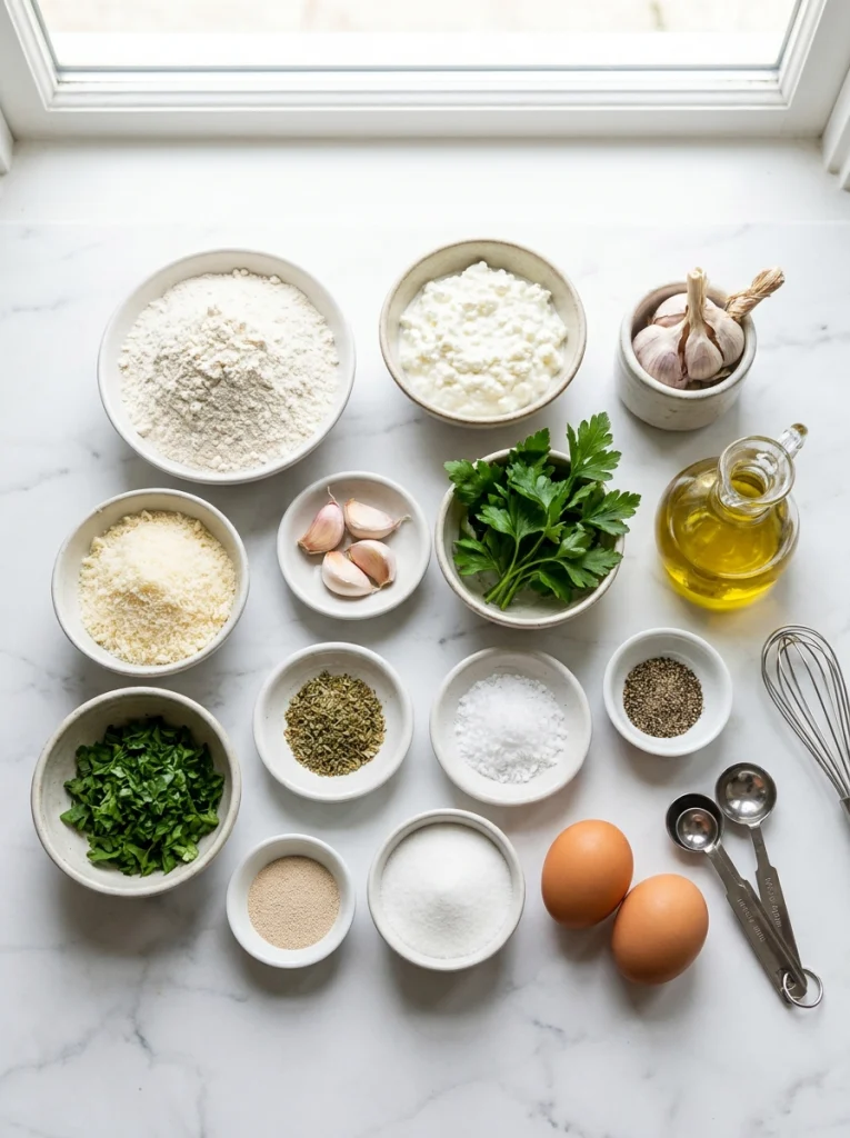 Ingredients for Cottage Cheese Garlic Parmesan Soft Twists including cottage cheese, flour, Parmesan, and garlic