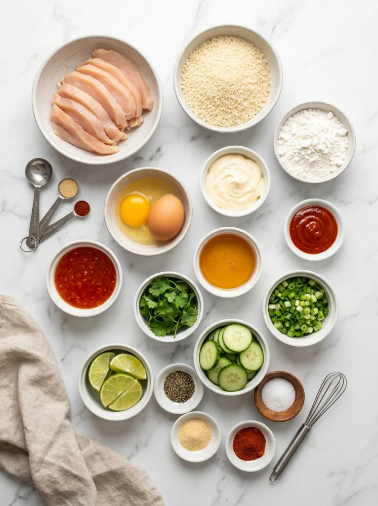 Ingredients for this Bang Bang Chicken Recipe including chicken breast, buttermilk, panko breadcrumbs, flour, cornstarch, mayonnaise, sweet chili sauce, and sriracha