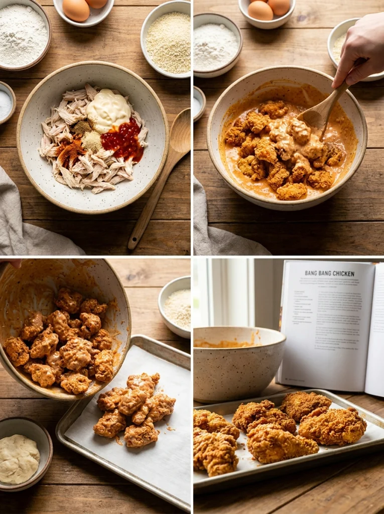 Breading station for Bang Bang Chicken Recipe showing flour mixture, buttermilk dip, and panko breadcrumbs in three separate bowls