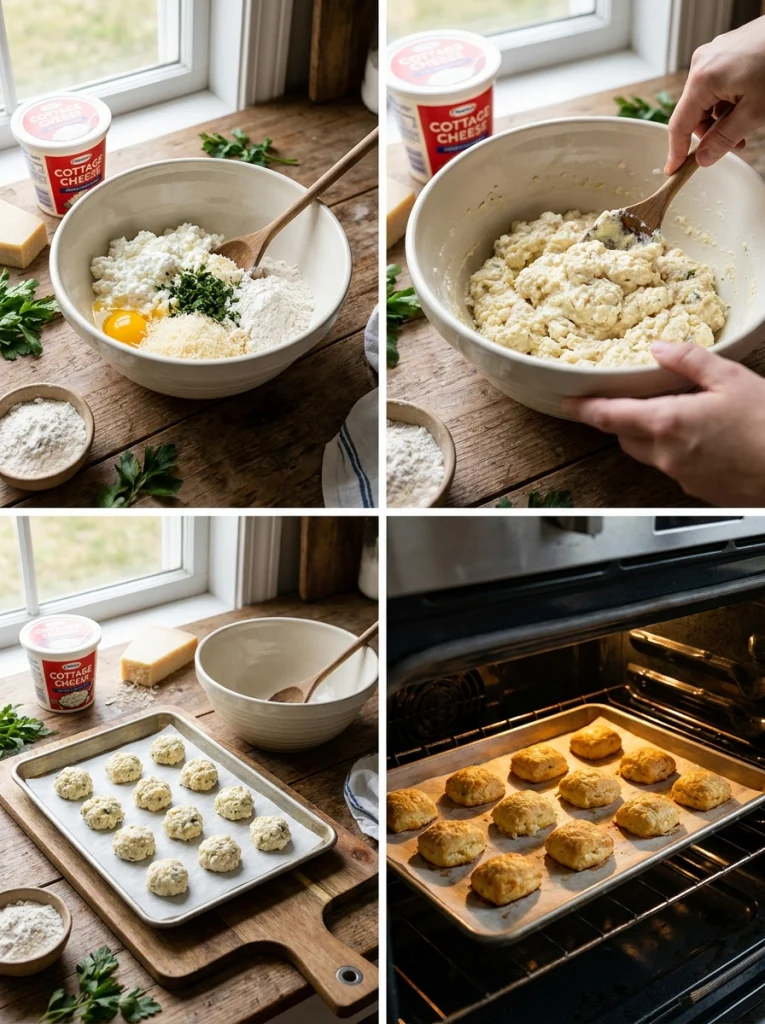 Mixing cottage cheese and parmesan for crispy pillow bites