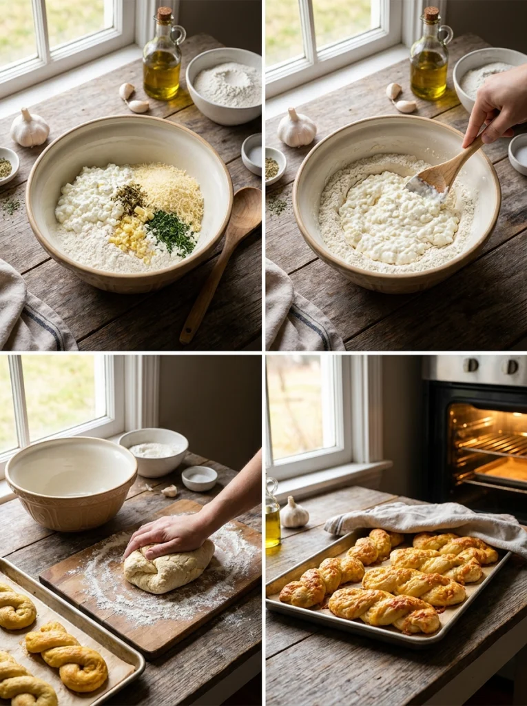 Cottage Cheese Garlic Parmesan Soft Twists baking on a parchment-lined sheet pan